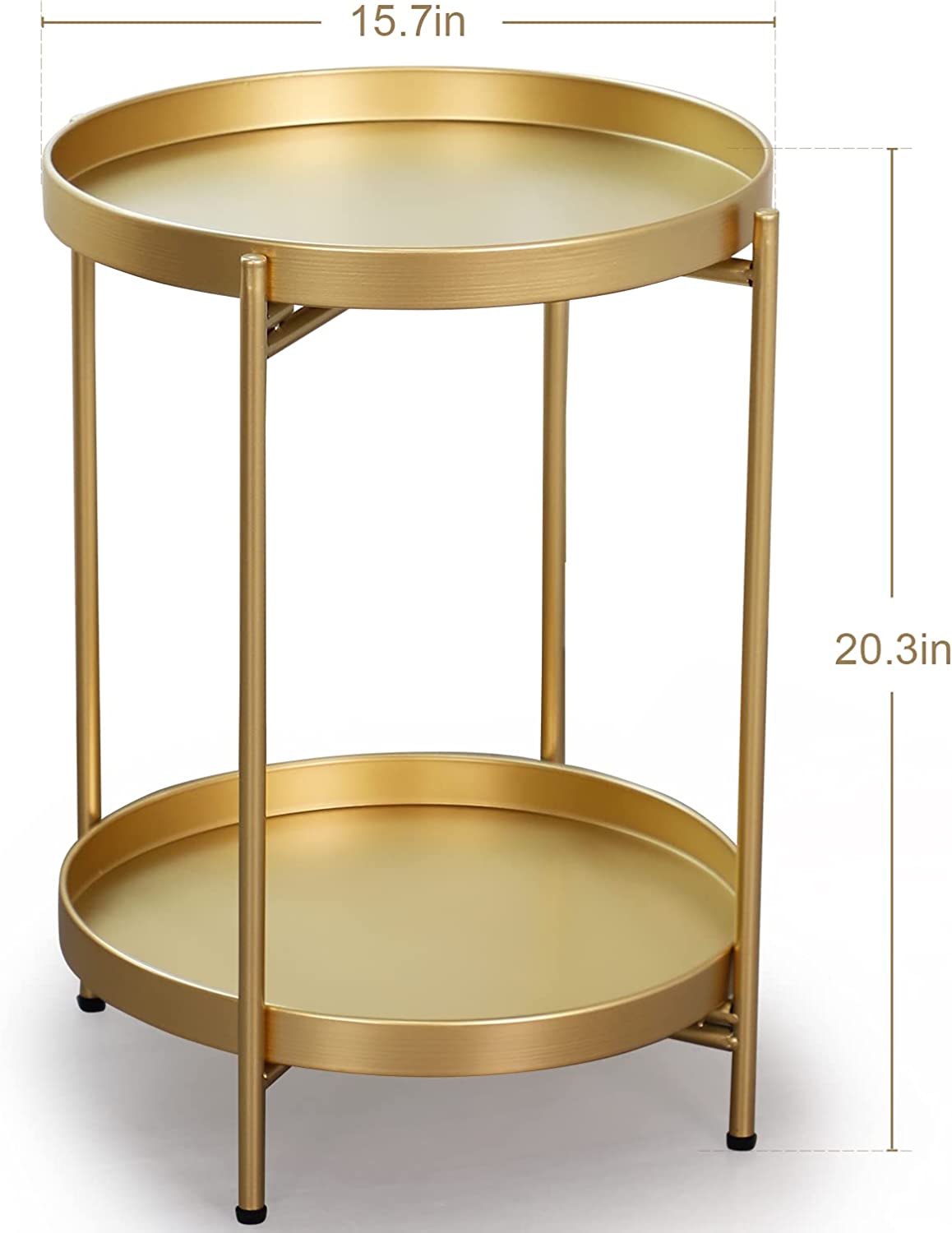 FUNME Gold Folding End Table 2-Tier Metal Round Side Table with Removable Tray for Living Room,(15.2”Dx20”H) - Airbnb Ambassador