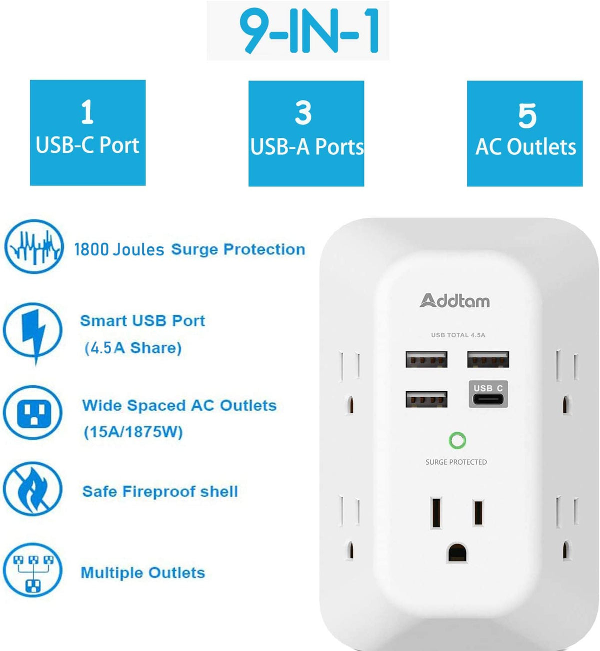 USB Wall Charger Surge Protector 5 Outlet Extender with 4 USB Charging Ports ( 1 USB C Outlet) 3 Sided 1800J Power Strip Multi Plug Outlets Wall Adapter Spaced for Home Travel Office ETL Listed - Airbnb Ambassador