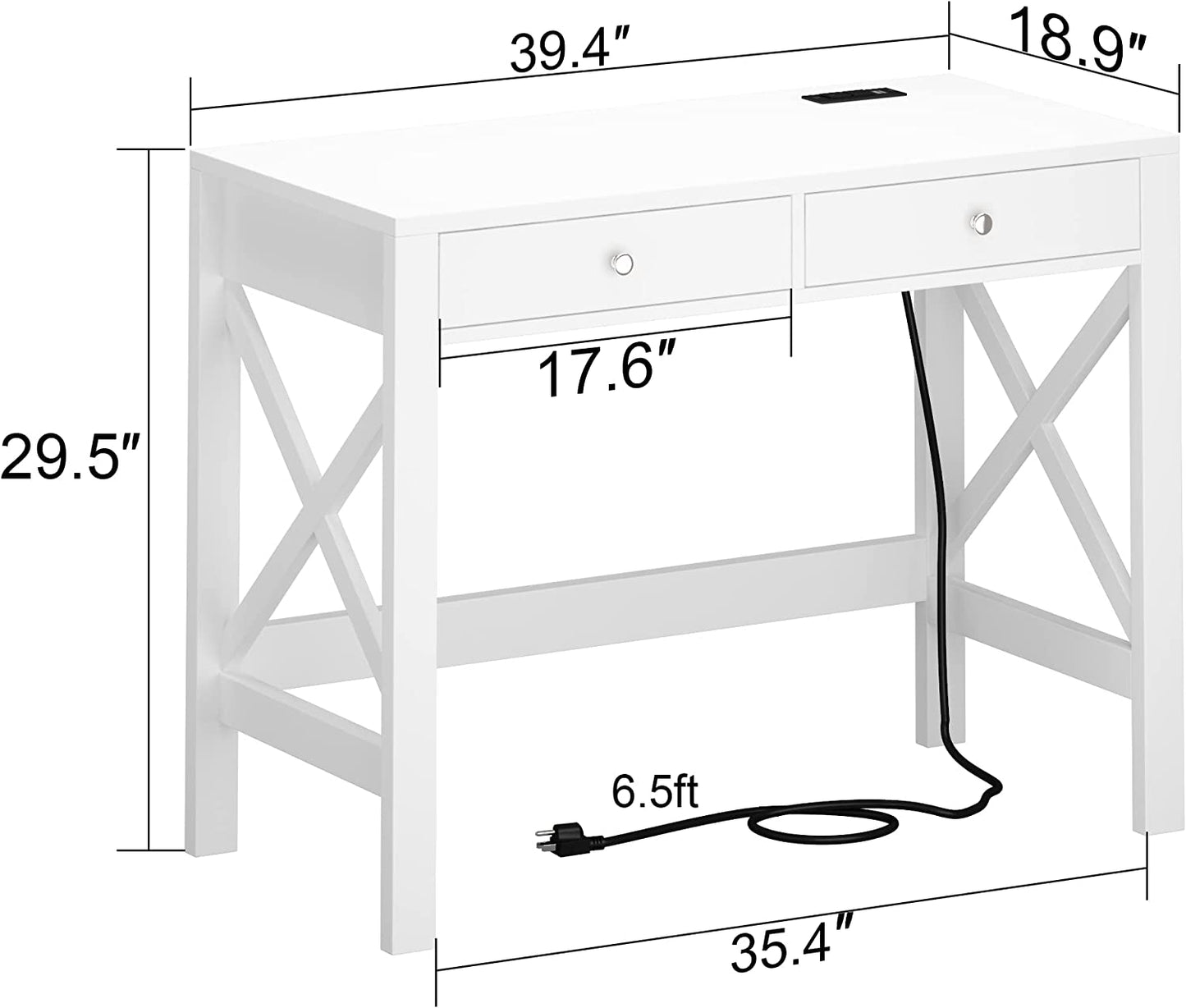 ChooChoo Computer Desk with USB Charging Ports and Power Outlets, 39" White Desk with Drawers, Small Study Writing Table with Stable X Frame for Home Office - Airbnb Ambassador