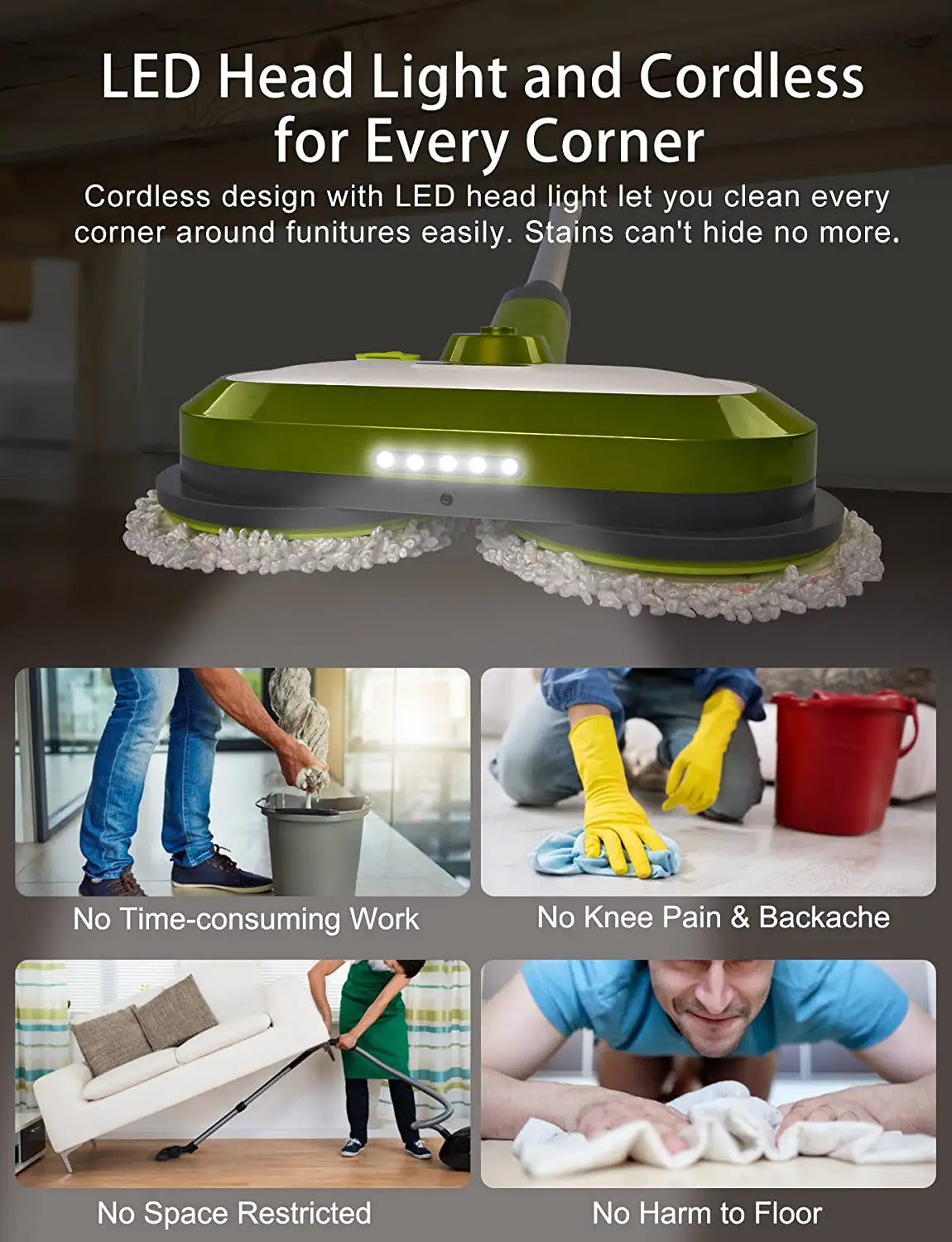 Cordless Electric Mop, Electric Spin Mop with LED Headlight and Water Spray, Up to 60 mins Powerful Floor Cleaner with 300ml Water Tank, Polisher for Hardwood, Tile Floors, Quiet Cleaning & Waxing
