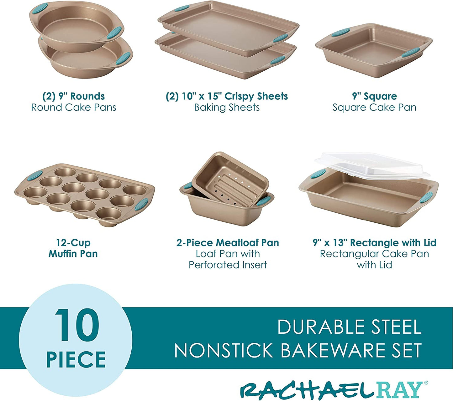 Rachael Ray 47578 Cucina Nonstick Bakeware Set with Grips Includes Nonstick Bread Pan, Baking Sheet, Cookie Sheet, Baking Pans, Cake Pan and Muffin Pan - 10 Piece, Latte Brown with Agave Blue Grips - Airbnb Ambassador