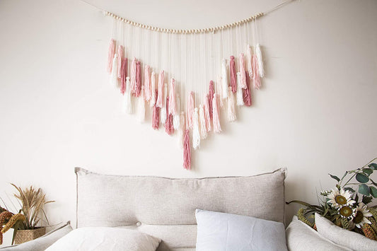 Decocove Macrame Wall Hanging - Large Macrame Wall Hanging with Wood Beads - Bohemian Wall Decor for Bedroom, Living Room and Kitchen - Warm Blush Pink - 35'' x 36'' - Airbnb Ambassador