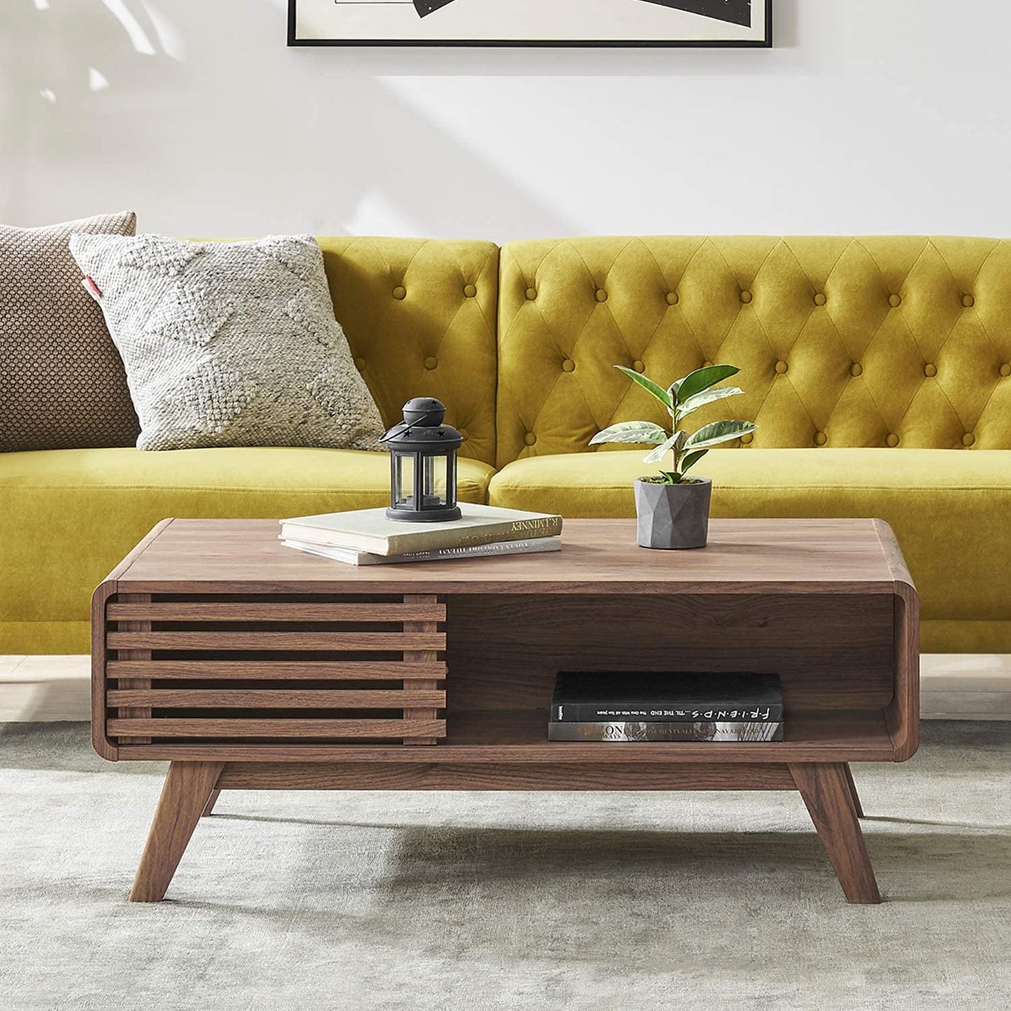 Mopio Ensley Modern Coffee Table, Mid Century Sleek Rectangular Design with Dual Side Storage, Wood Slat Door and Baby Proofing Rounded Edge for Sleek Living Room, Walnut Grain - Airbnb Ambassador