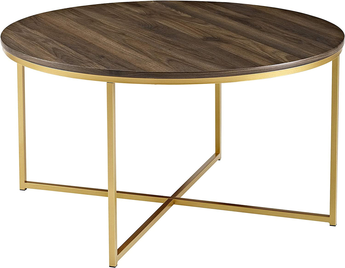 Walker Edison Cora Modern Round Faux Marble Top Coffee Table with X Base, 36 Inch, Walnut and Gold - Airbnb Ambassador