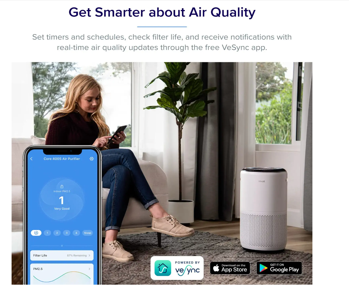 LEVOIT Air Purifiers for Home Large Room, Smart WiFi and PM2.5 Monitor H13 True HEPA Filter Removes Up to 99.97% of Particles, Pet Allergies, Smoke, Dust, Auto Mode, Alexa Control, White