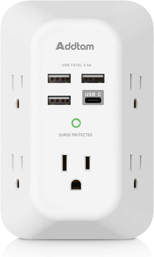 USB Wall Charger Surge Protector 5 Outlet Extender with 4 USB Charging Ports ( 1 USB C Outlet) 3 Sided 1800J Power Strip Multi Plug Outlets Wall Adapter Spaced for Home Travel Office ETL Listed - Airbnb Ambassador