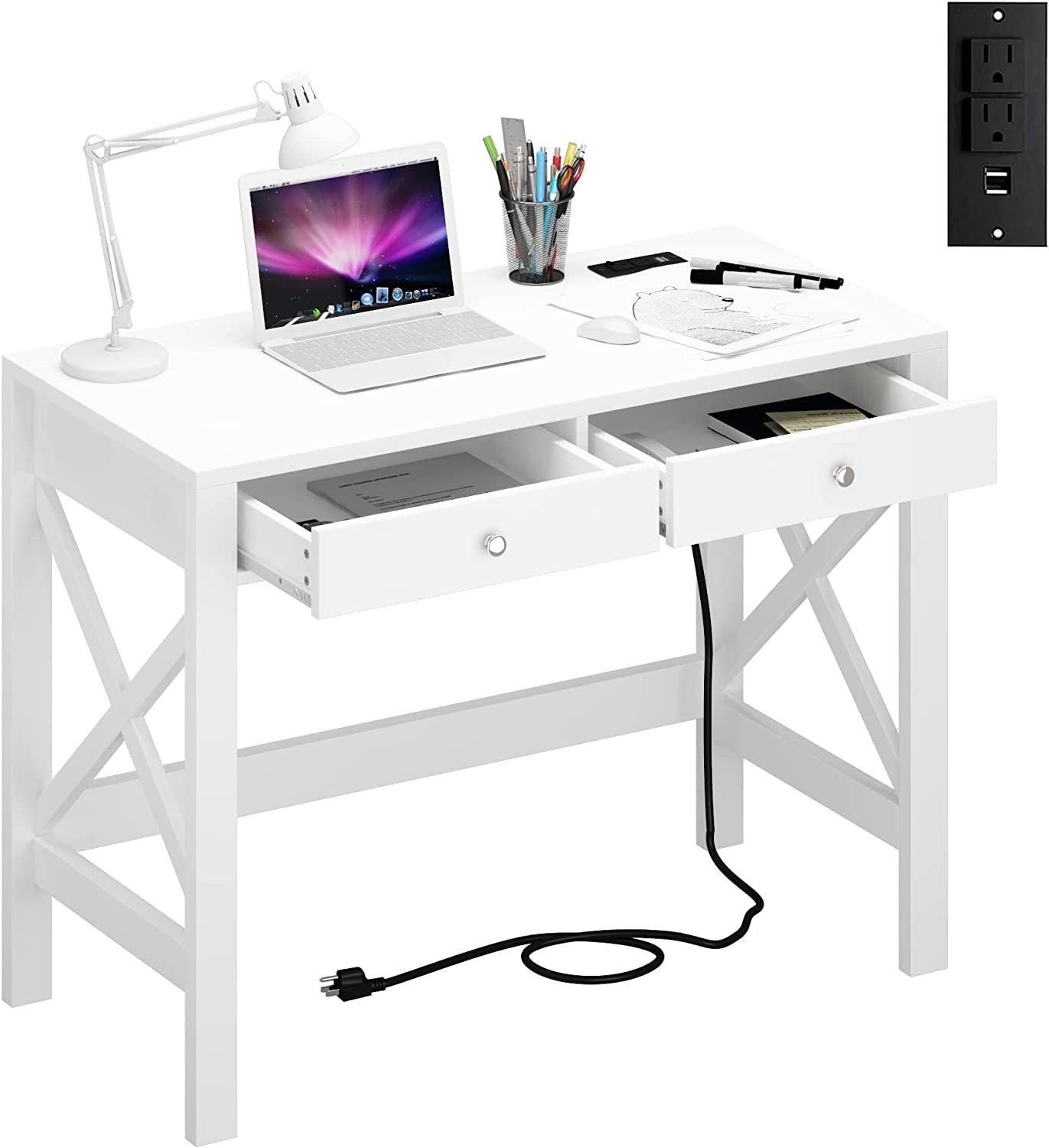 ChooChoo Computer Desk with USB Charging Ports and Power Outlets, 39" White Desk with Drawers, Small Study Writing Table with Stable X Frame for Home Office - Airbnb Ambassador