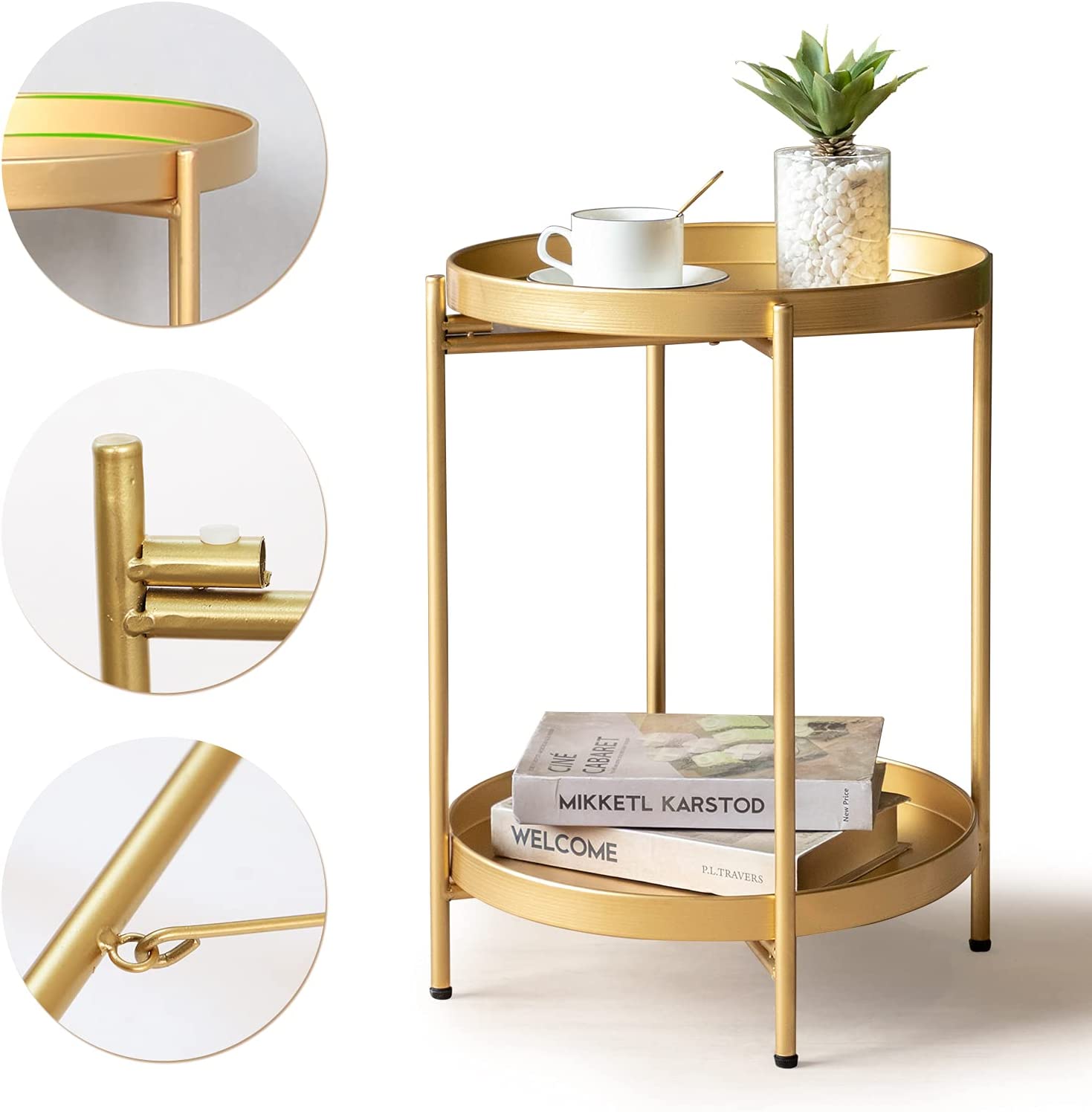 FUNME Gold Folding End Table 2-Tier Metal Round Side Table with Removable Tray for Living Room,(15.2”Dx20”H) - Airbnb Ambassador