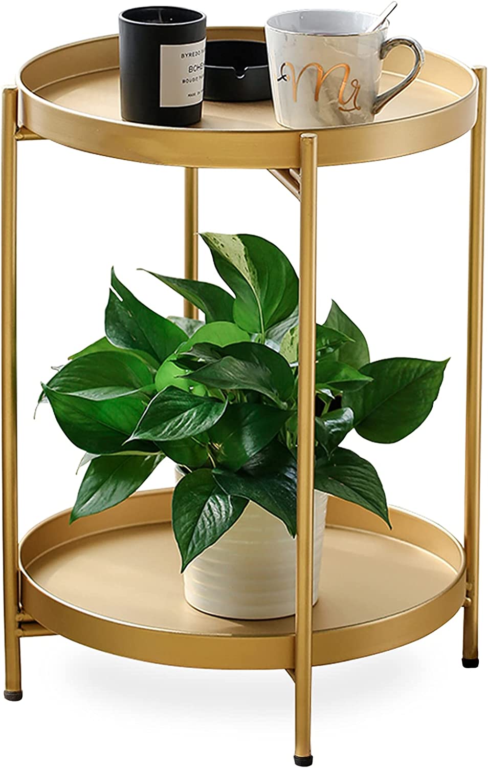 FUNME Gold Folding End Table 2-Tier Metal Round Side Table with Removable Tray for Living Room,(15.2”Dx20”H) - Airbnb Ambassador