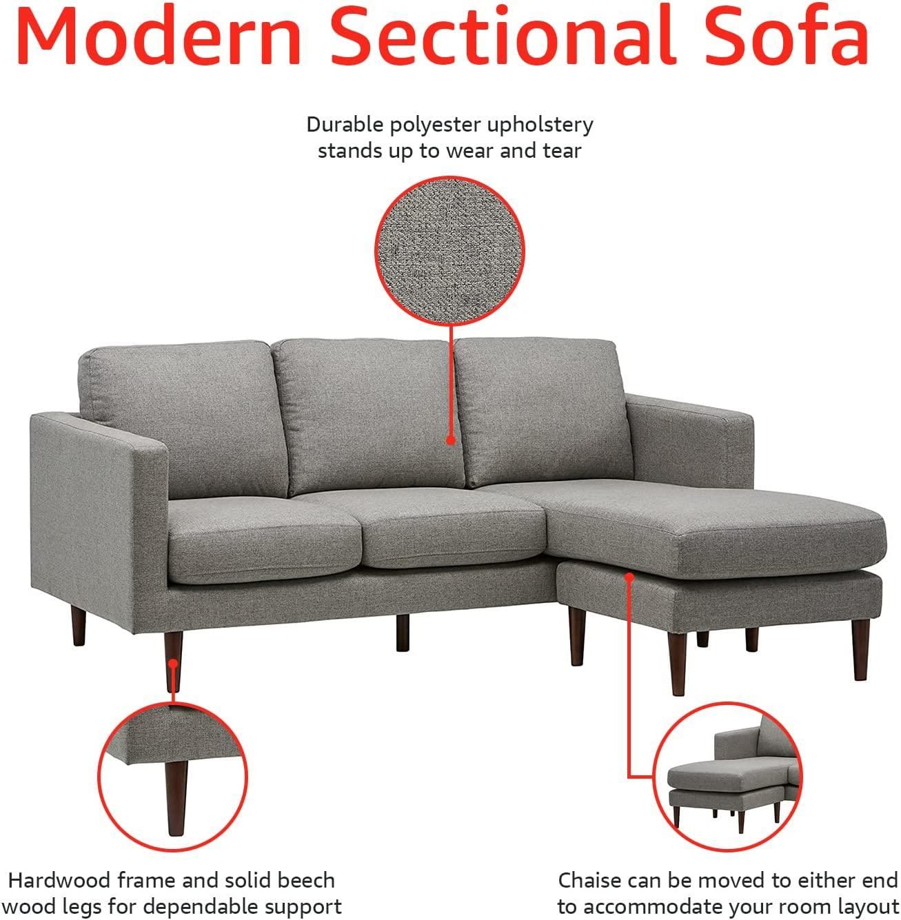 Amazon Brand – Rivet Revolve Modern Upholstered Sofa with Reversible Sectional Chaise, 80"W, Grey Weave - Airbnb Ambassador