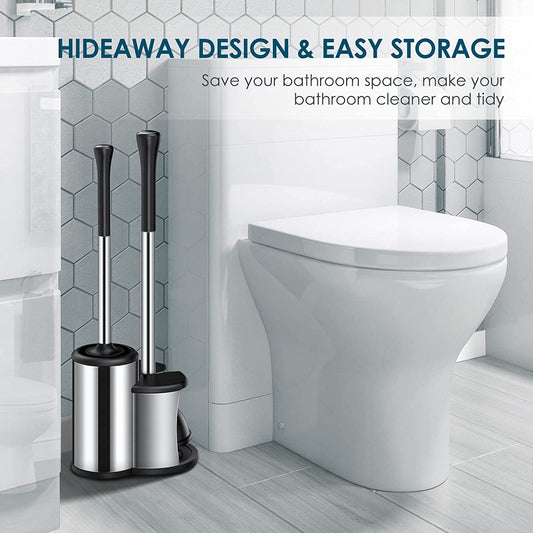 Toilet Plunger Bowl Brush Set: Hideaway Heavy Duty Toilet Plunger Scrubber Cleaner Holder Combo for Bathroom with Covered Caddy - Hidden Elongated Discreet Apartment Toilet Plunger Brush Accessories - Airbnb Ambassador