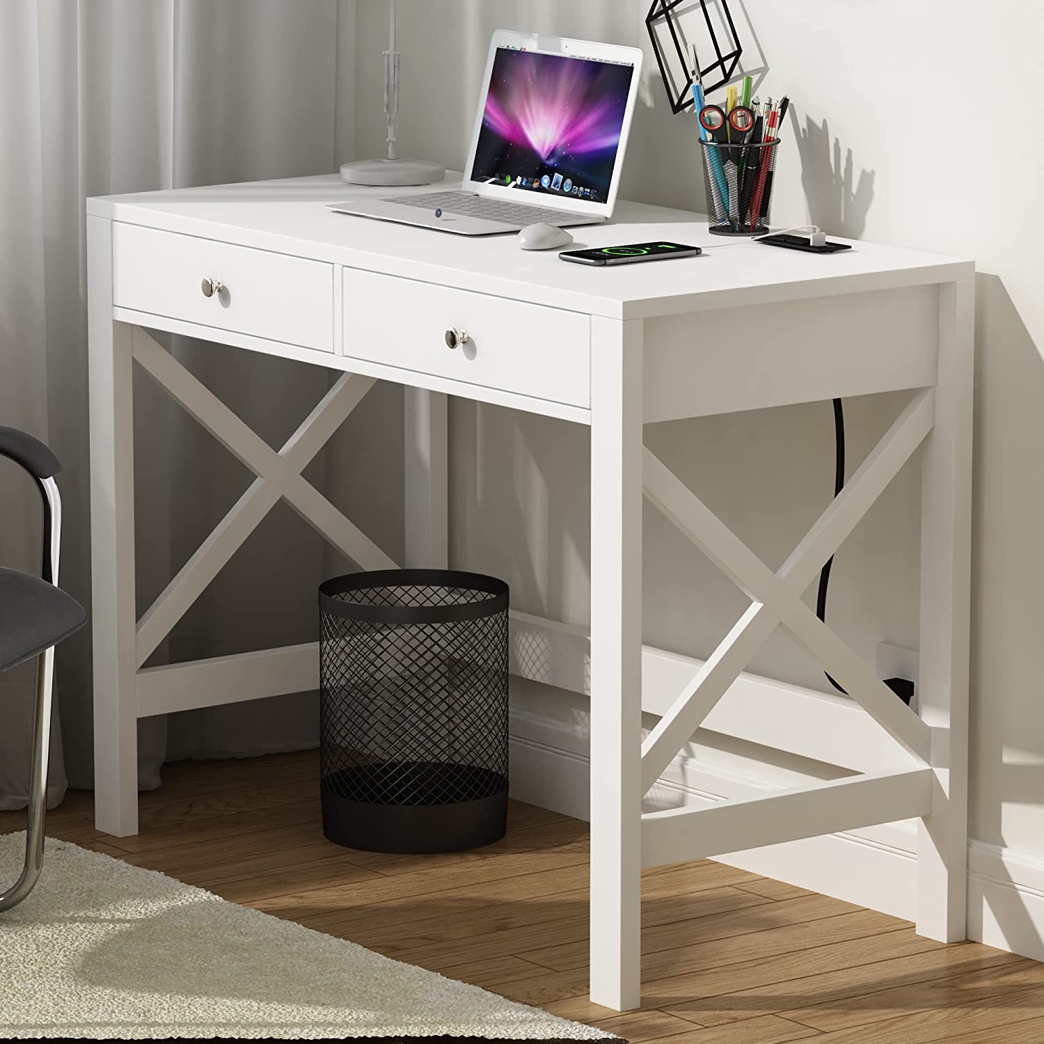 ChooChoo Computer Desk with USB Charging Ports and Power Outlets, 39" White Desk with Drawers, Small Study Writing Table with Stable X Frame for Home Office - Airbnb Ambassador