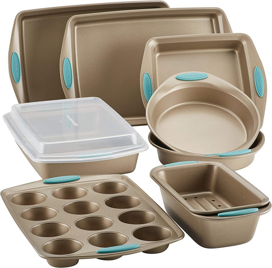 Rachael Ray 47578 Cucina Nonstick Bakeware Set with Grips Includes Nonstick Bread Pan, Baking Sheet, Cookie Sheet, Baking Pans, Cake Pan and Muffin Pan - 10 Piece, Latte Brown with Agave Blue Grips - Airbnb Ambassador