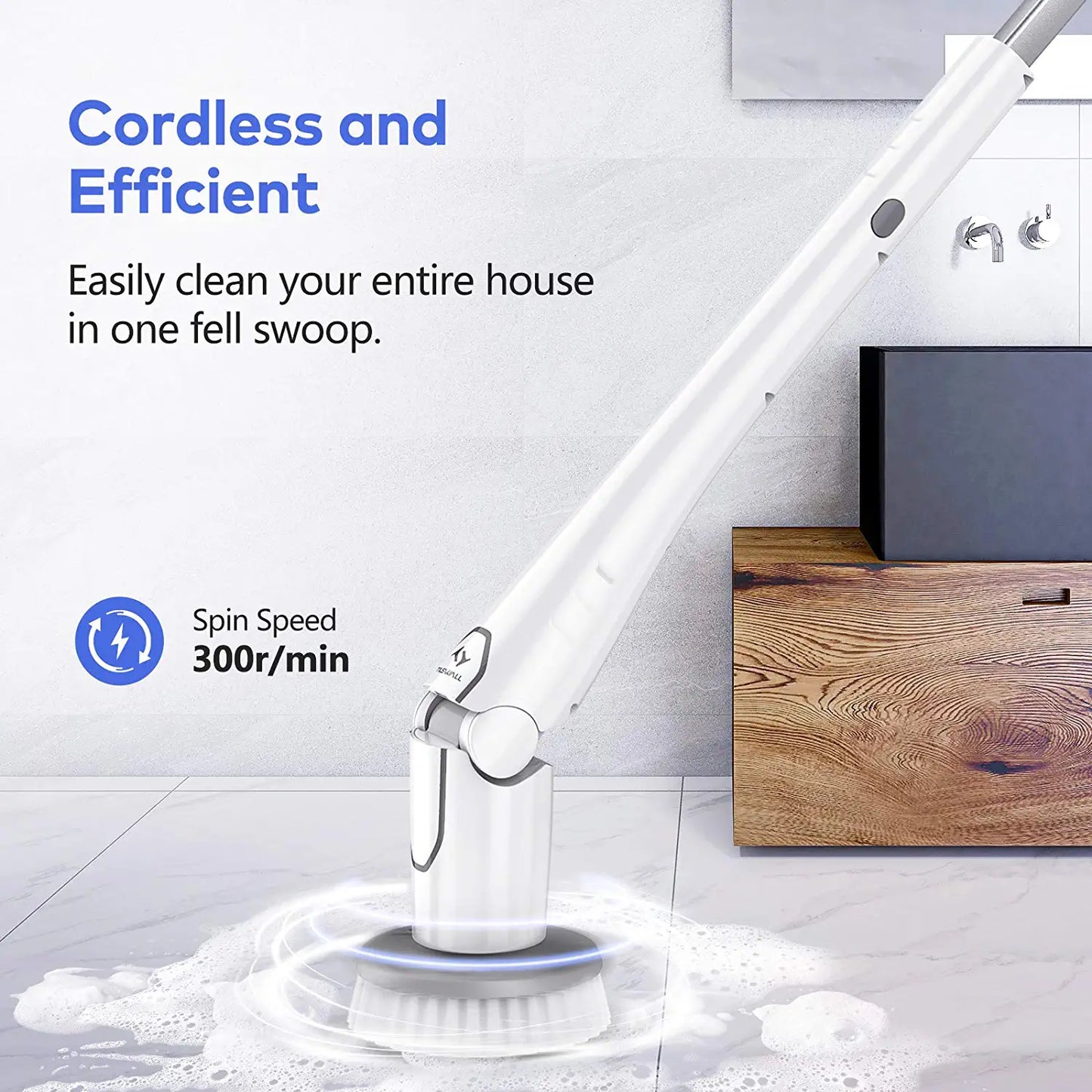 Tilswall Electric Spin Scrubber, Cordless Grout Shower Power Bathroom Cleaner with 4 Replaceable Brush Heads, Tool-Free Adjustable Extension Handle for Tile, Floor, Bathtub--M1
