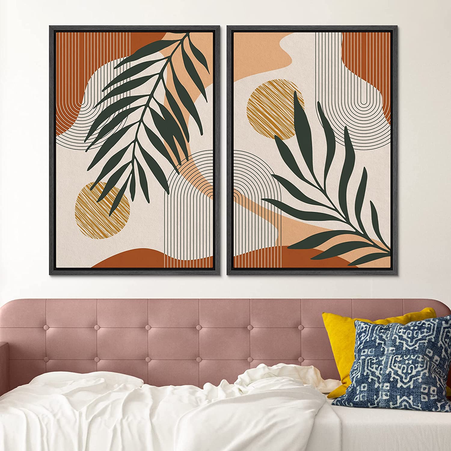 SIGNFORD Framed Canvas Print Wall Art Mid-Century Palm Leaf and Geometry Symbols Abstract Shapes Illustrations Modern Boho Nature Colorful Chic for Living Room, Bedroom, Office - 24"x36"x2 Black - Airbnb Ambassador