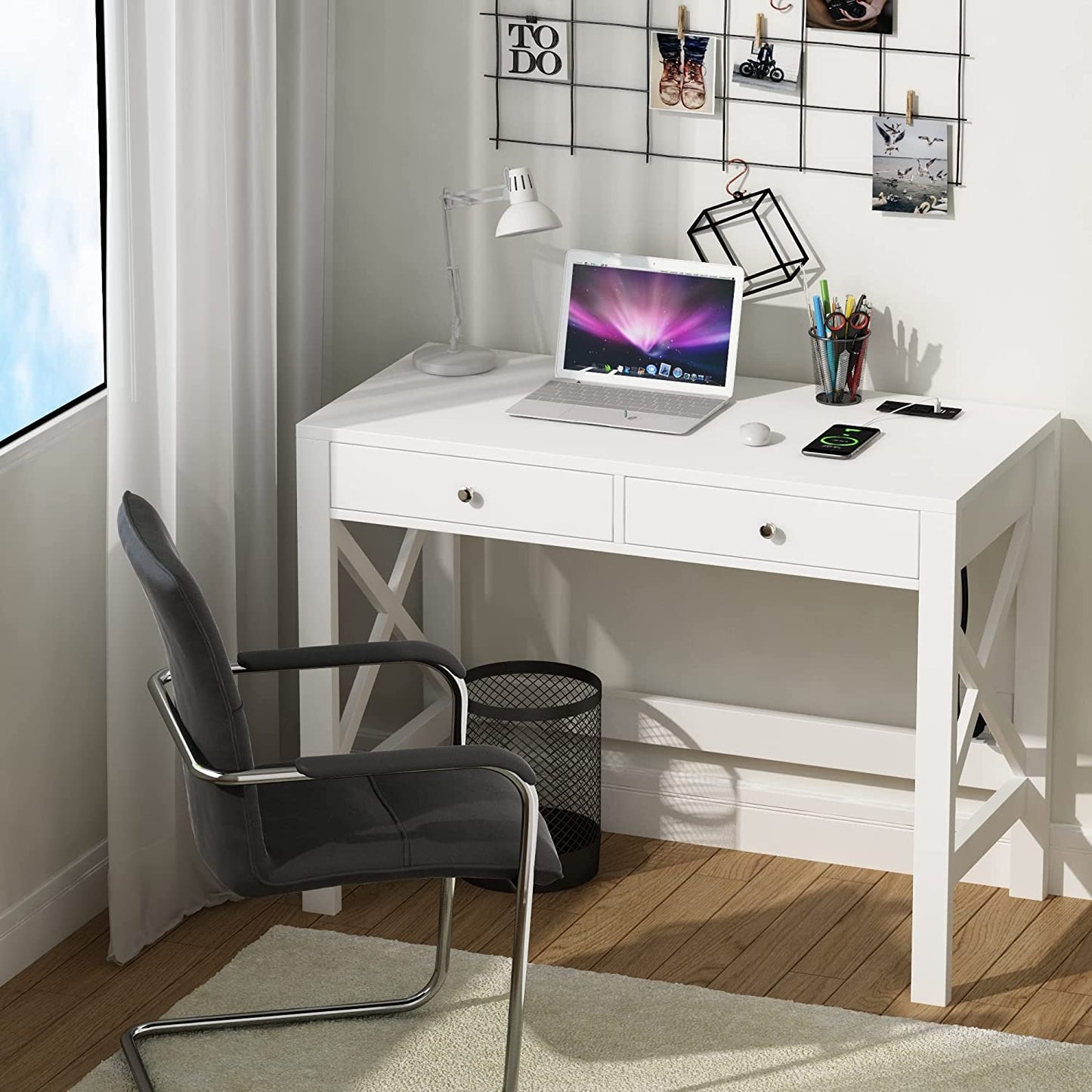 ChooChoo Computer Desk with USB Charging Ports and Power Outlets, 39" White Desk with Drawers, Small Study Writing Table with Stable X Frame for Home Office - Airbnb Ambassador