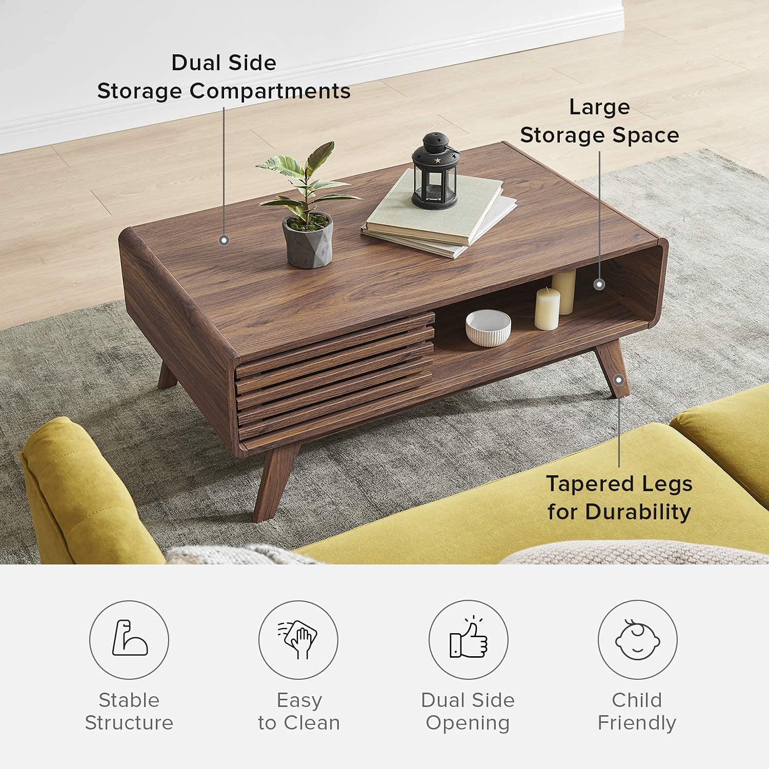 Mopio Ensley Modern Coffee Table, Mid Century Sleek Rectangular Design with Dual Side Storage, Wood Slat Door and Baby Proofing Rounded Edge for Sleek Living Room, Walnut Grain - Airbnb Ambassador