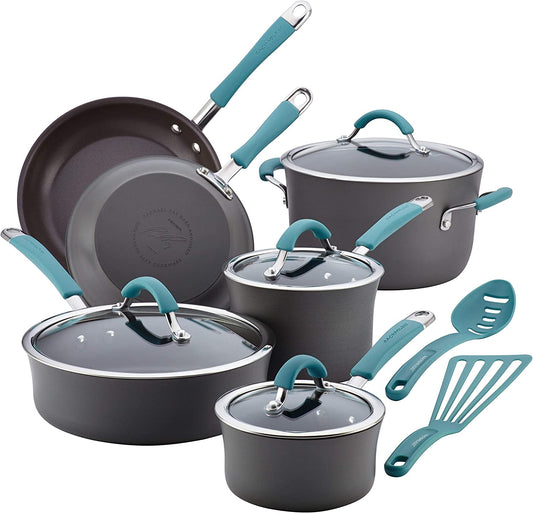 Rachael Ray Cucina Hard Anodized Nonstick Cookware Pots and Pans Set, 12 Piece, Gray with Blue Handles - Airbnb Ambassador