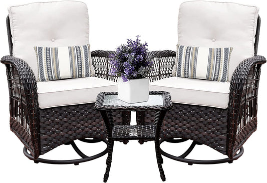 Harlie & Stone Outdoor Swivel Rocker Patio Chairs Set of 2 and Matching Side Table - 3 Piece Wicker Patio Bistro Set with Premium Fabric Cushions (Dark Wicker and Beige) - Airbnb Ambassador