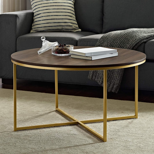 Walker Edison Cora Modern Round Faux Marble Top Coffee Table with X Base, 36 Inch, Walnut and Gold - Airbnb Ambassador